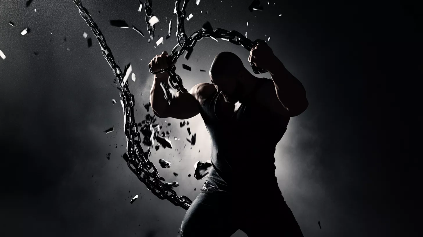 Person who breaks chains with strength, symbolizing the overcoming of personal limits and obstacles