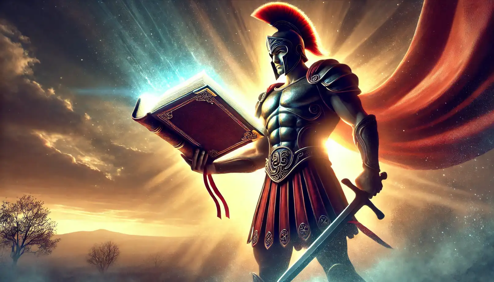 Mighty warrior holding a book like a sword, symbol of strength and power of knowledge in an epic context