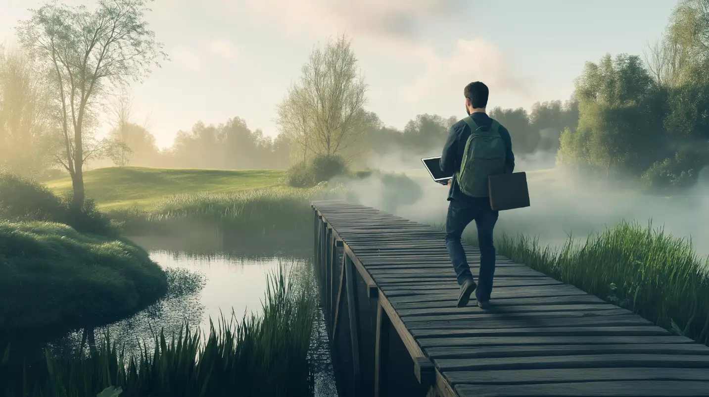 A bridge connecting two banks, representing the transition from one programming language to another