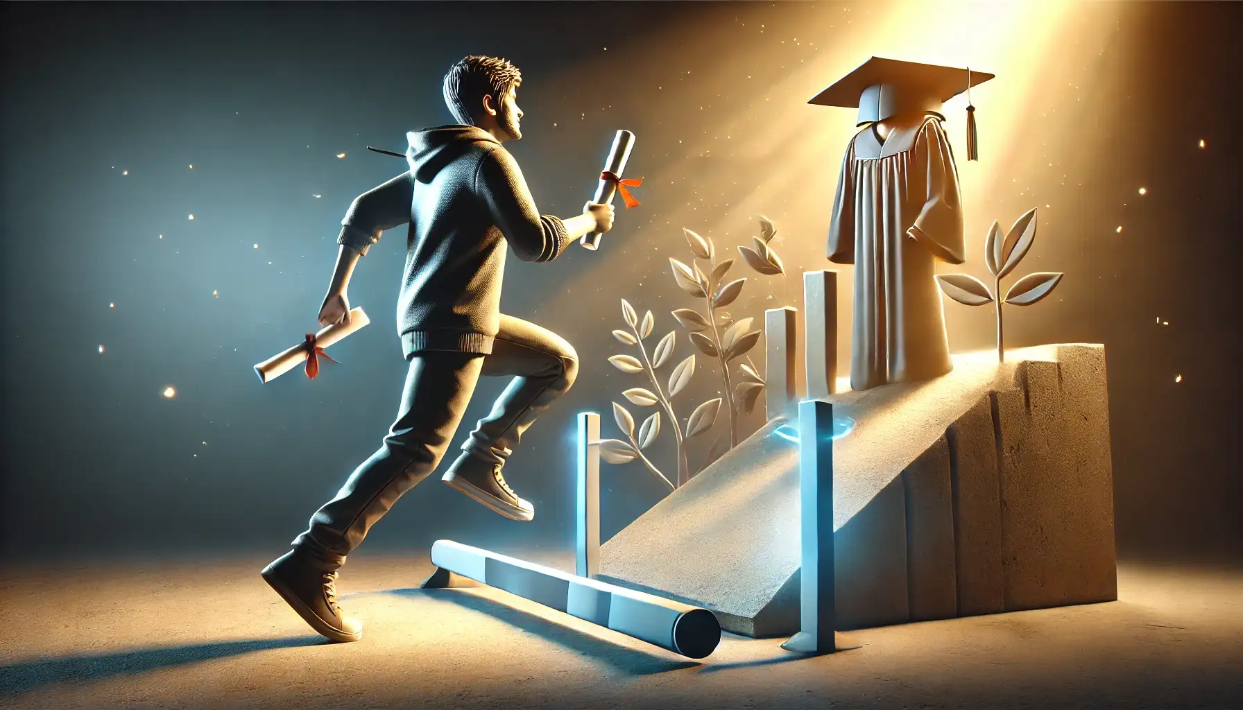 A young student advancing towards an academic goal, parchment in hand, a symbol of growth and progress