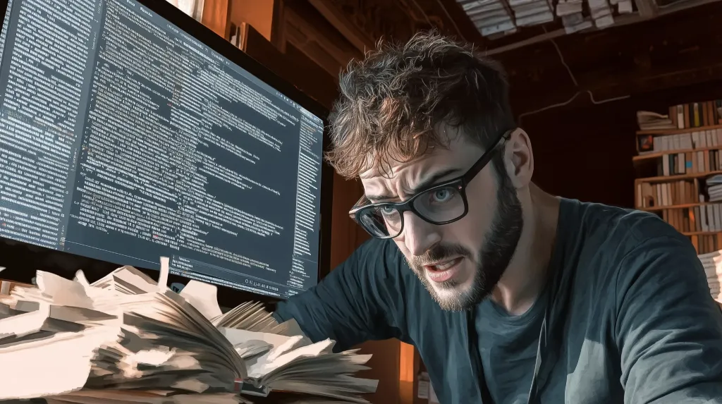 A frustrated programmer who throws away old useless manuals, a symbol of disappointment with obsolete materials