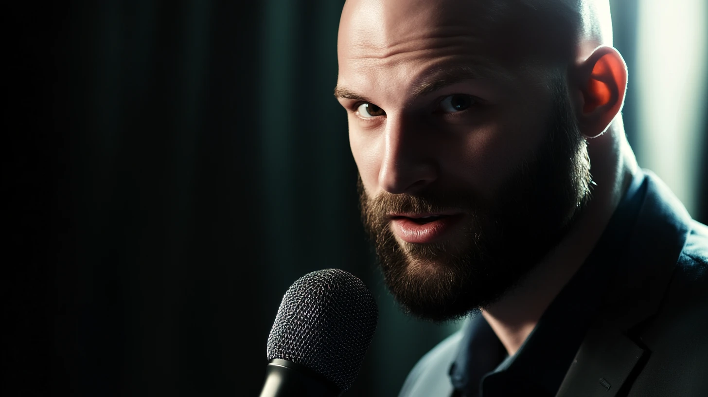 Bald man with beard speaking intently into microphone, expressing sincerity and frankness