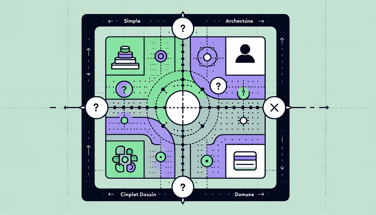 Decision quadrant for architecture choice: domain complexity vs project size, with recommended zones for Clean Architecture and simpler architectures
