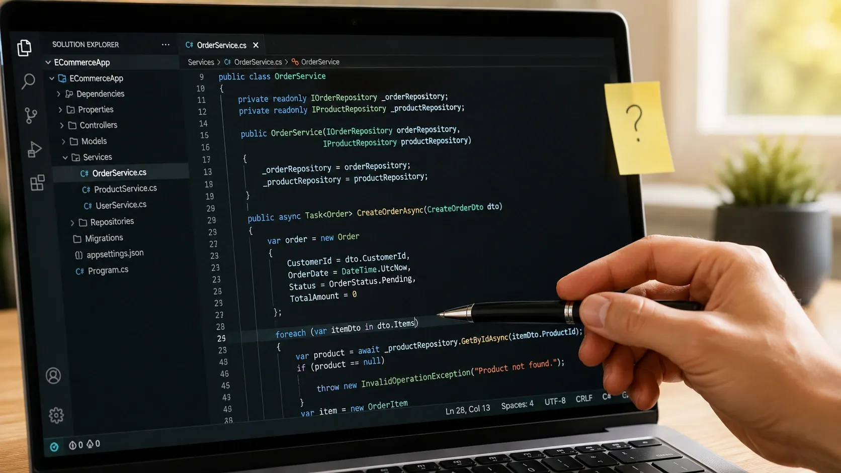 Senior mentor explaining C# code to a junior developer in a pair programming session in front of two monitors