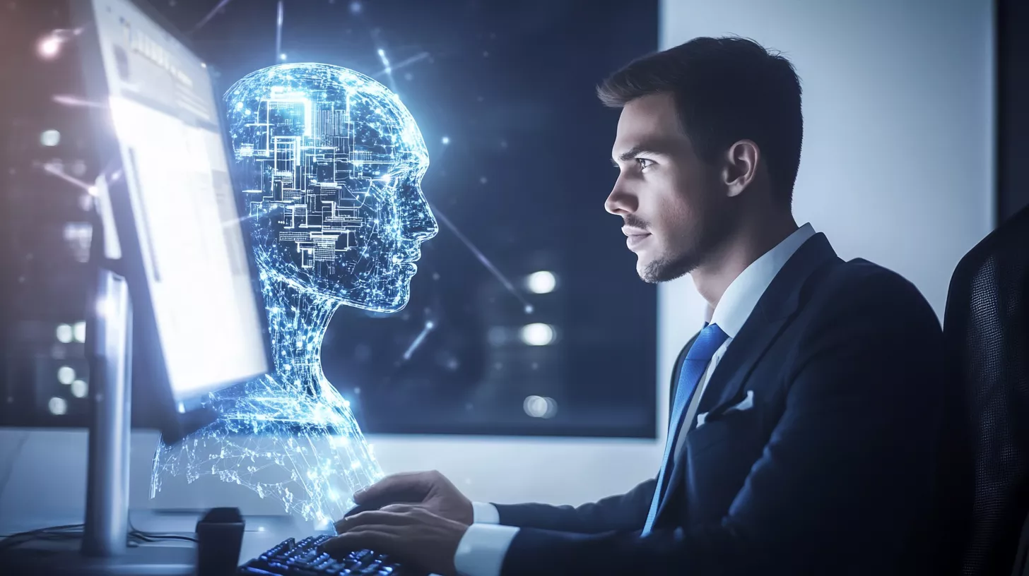 Software developer working at the computer, with an ethereal and luminous figure of an AI assistant supporting him