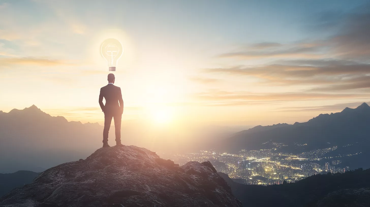 A figure in silhouette stands confidently on a mountain peak at dawn, surveying a city sprawling below him, with a bright light bulb above his head symbolizing innovation and leadership in the digital age
