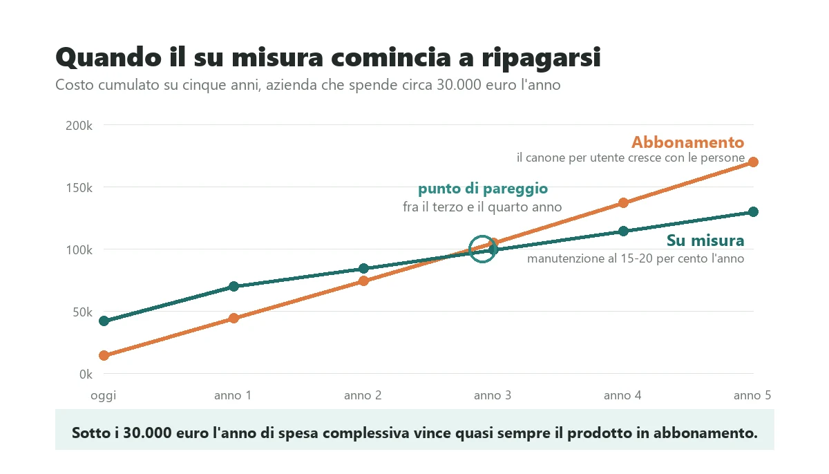 Cumulative five year cost of subscription job costing software compared with a custom system, showing the break-even point around year three