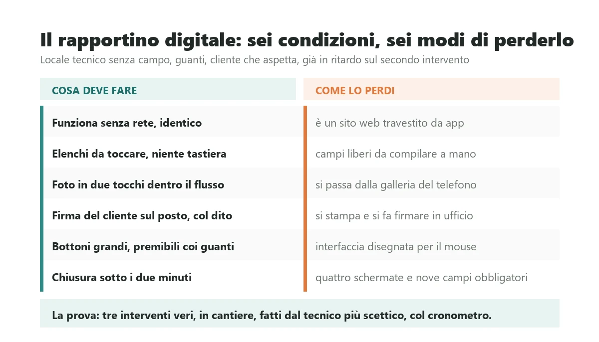 The six conditions a digital job sheet must meet to be completed on site for real, set against the mistakes that get it abandoned