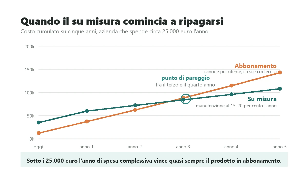 Cumulative five year cost of subscription maintenance software compared with a custom system, showing the break-even point