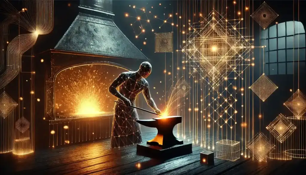 Developer shaping code like a digital blacksmith