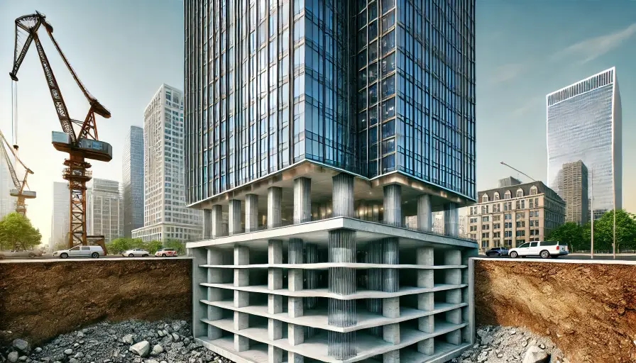 solid and modern skyscraper, with visible and indestructible foundations