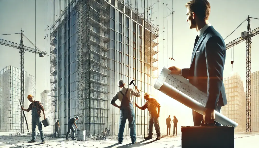 architect looking at the design of a skyscraper