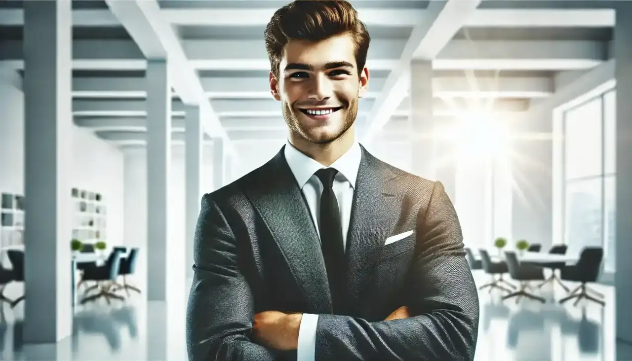 smiling professional in office, career success, high salary satisfaction