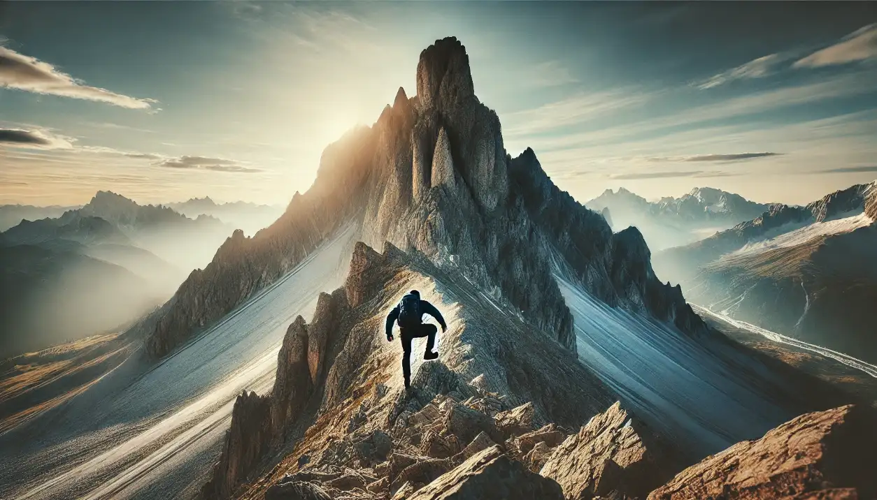 Climber tackles a peak, symbol of growth and leadership in software development