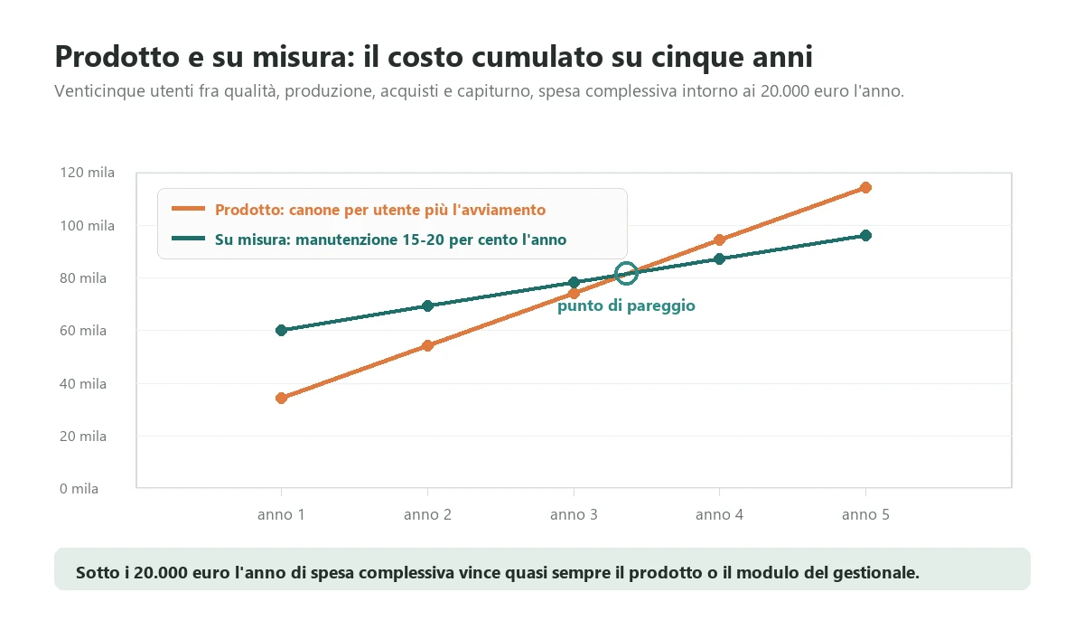 Cumulative five year cost of a subscription quality management platform for twenty five users compared with a custom system, showing the break-even point between year three and year four