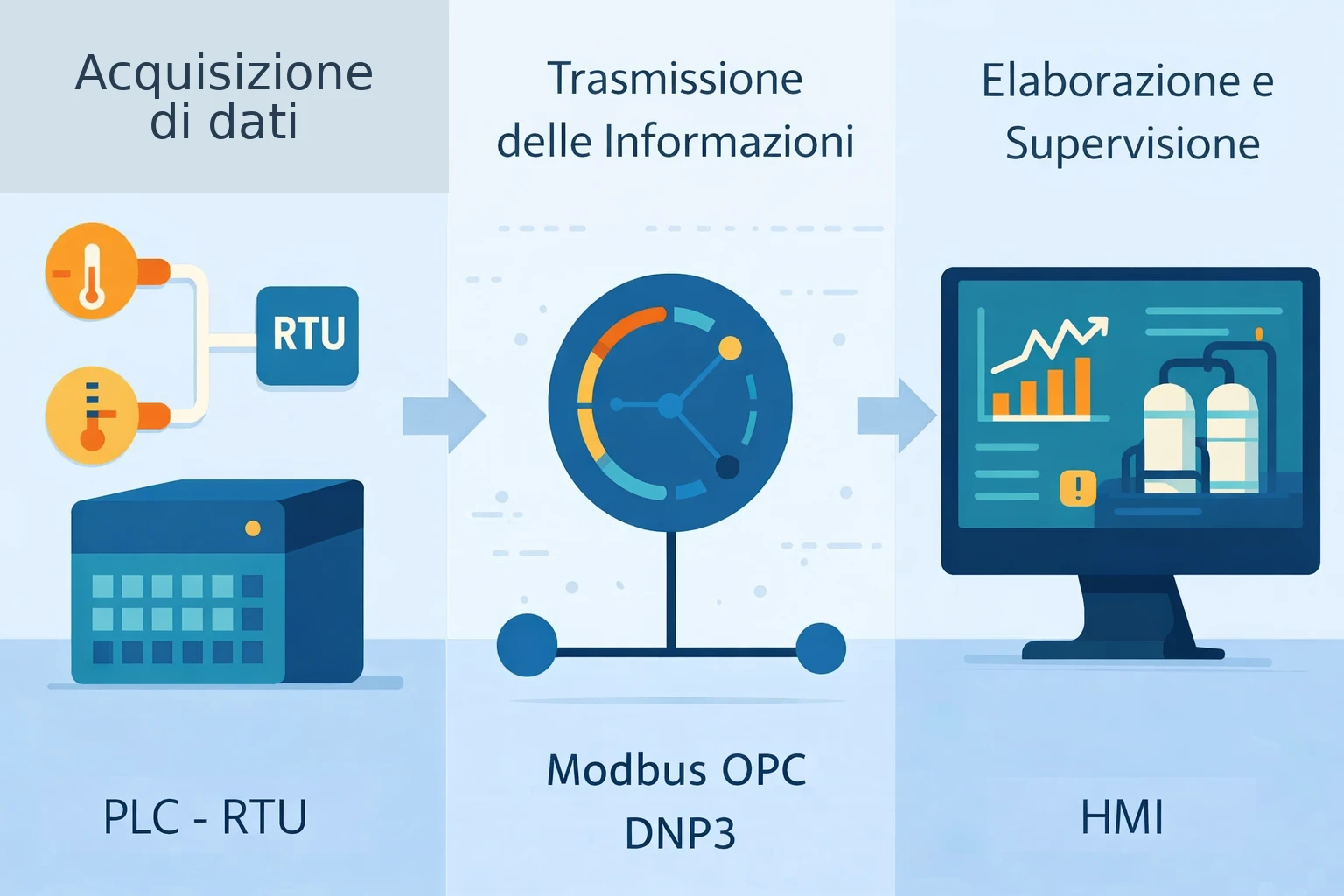 Layered architecture of a modern SCADA system showing field level, PLC control, supervisory server, HMI and cloud integration.