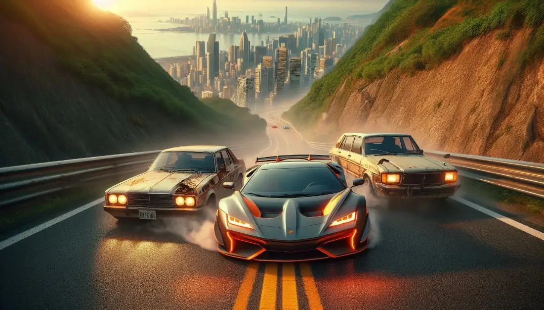 Supercar overtaking old cars on an uphill road