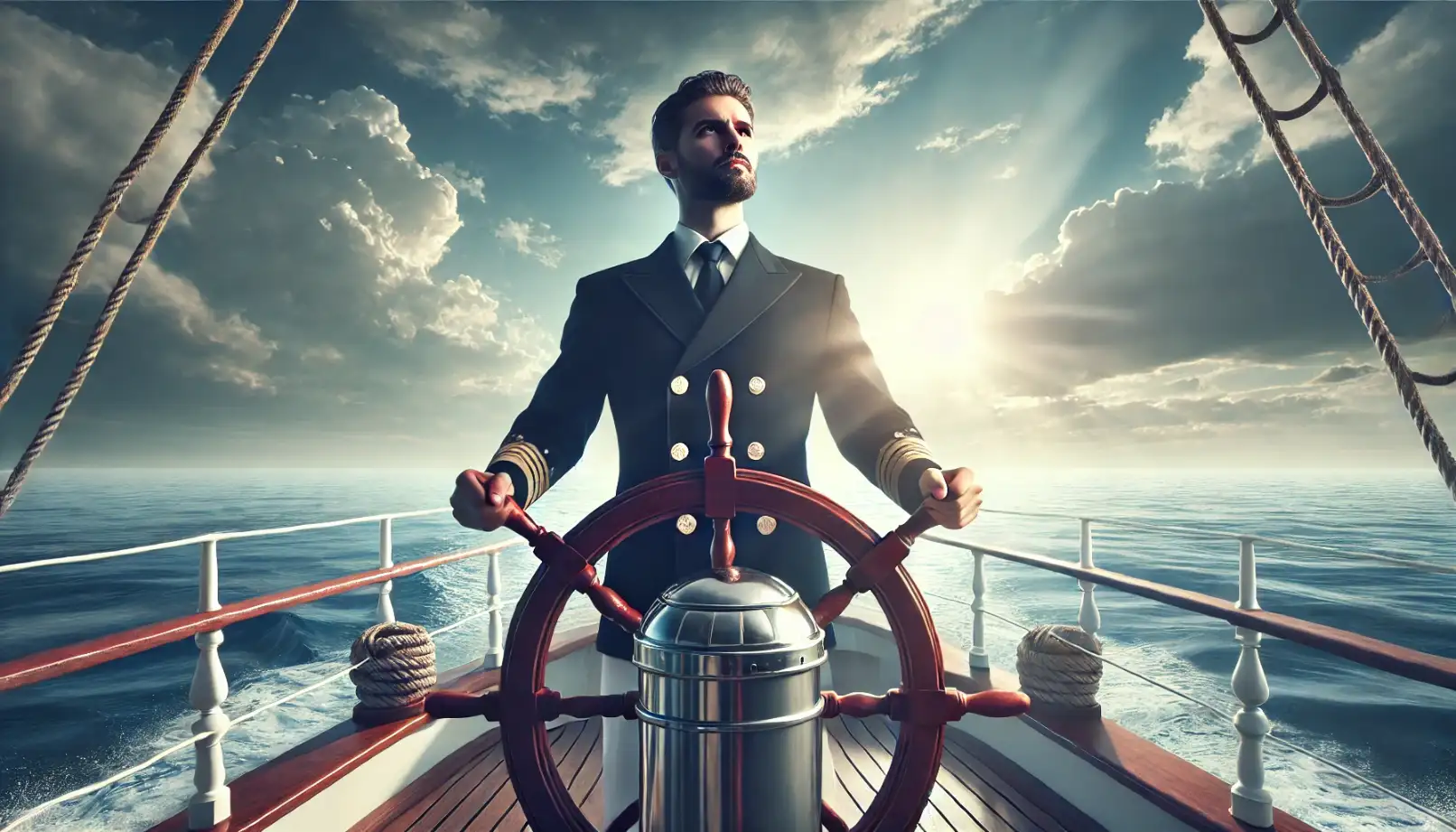 victorious captain guiding his ship through serene seas