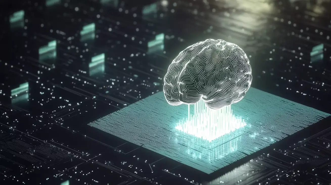 Stylized image of a brain with electronic circuits representing the idea of artificial intelligence powering software development