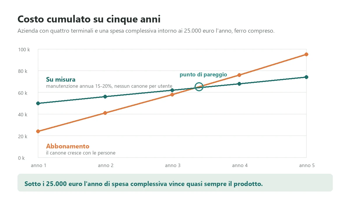 Cumulative five year cost of subscription warehouse management software compared with a custom system, showing the break even point between year three and year four