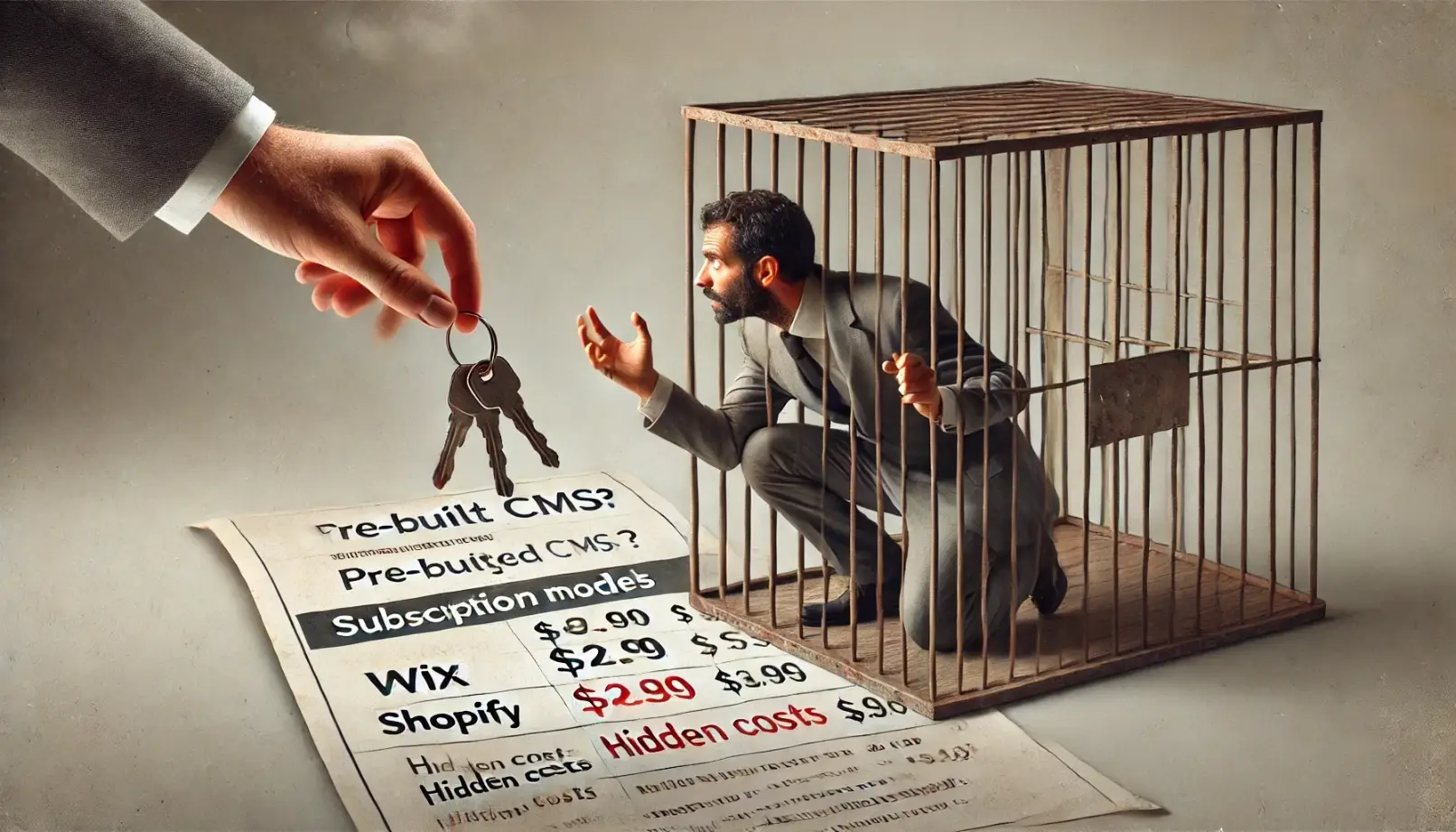 Man in a cage: pre-packaged CMS limits, hidden costs, web development, websites