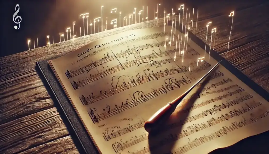 Musical score with lines of code symbolizing programming as an orderly art