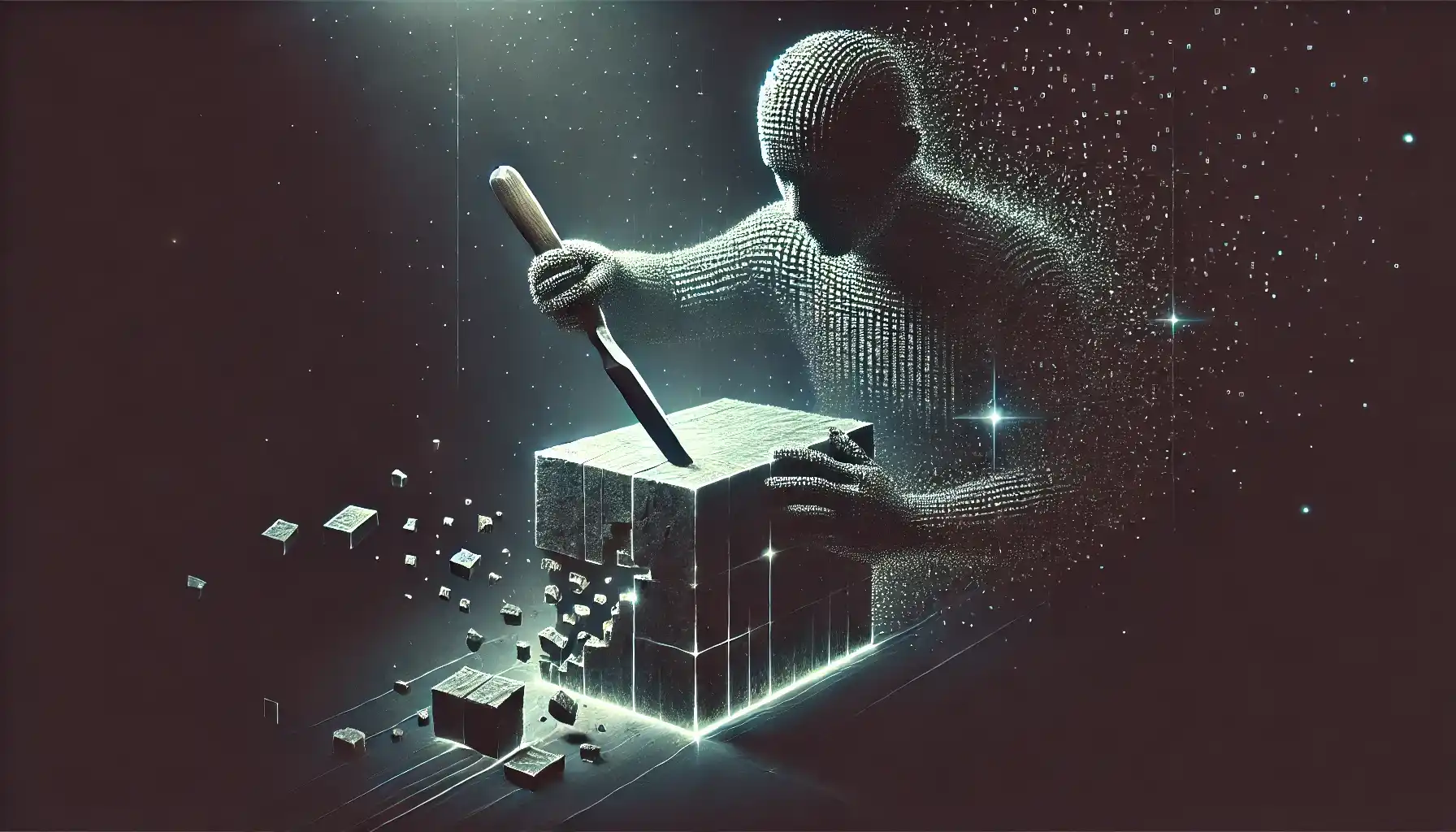 Chisel shaping a block of code, building systems through programming