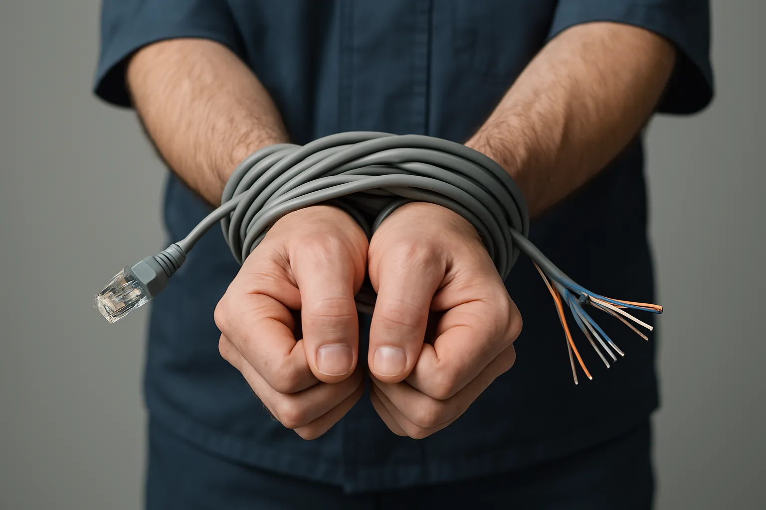 Hands tied by PLC cables in an industrial environment, limits of PLC languages