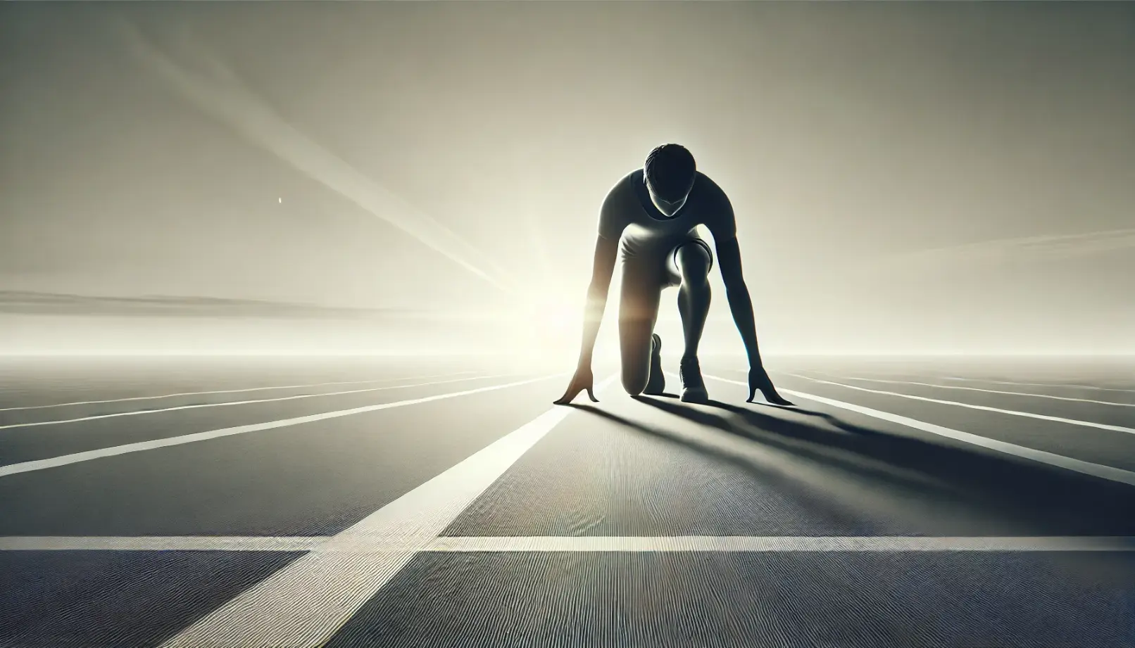 person in starting position on a racing track, ready for action and determined to take control